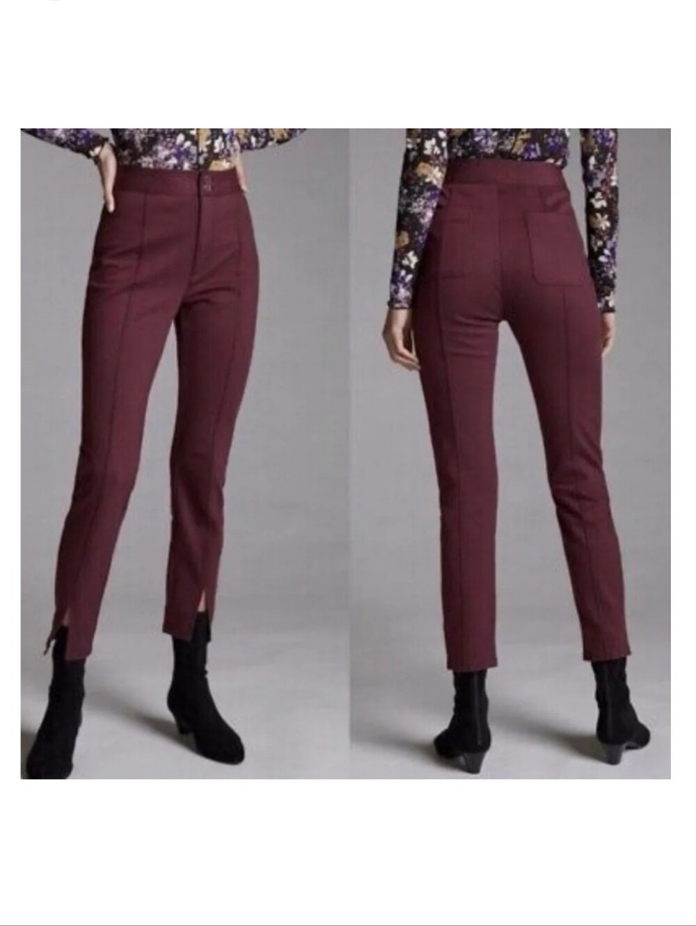 Anthropologie Maeve High-Rise Seamed Split-Hem Skinny Pants Plum/Burgundy Sz 14